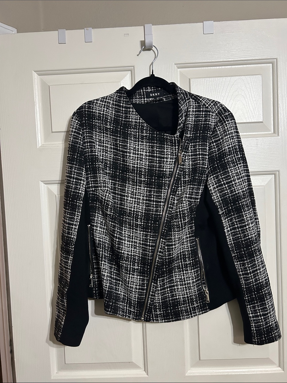 DKNY Black and White Plaid Asymmetrical Zip Blazer